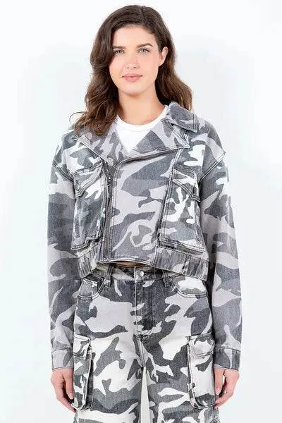 American Bazi Camouflage Zip Up Cropped Rider Jacket