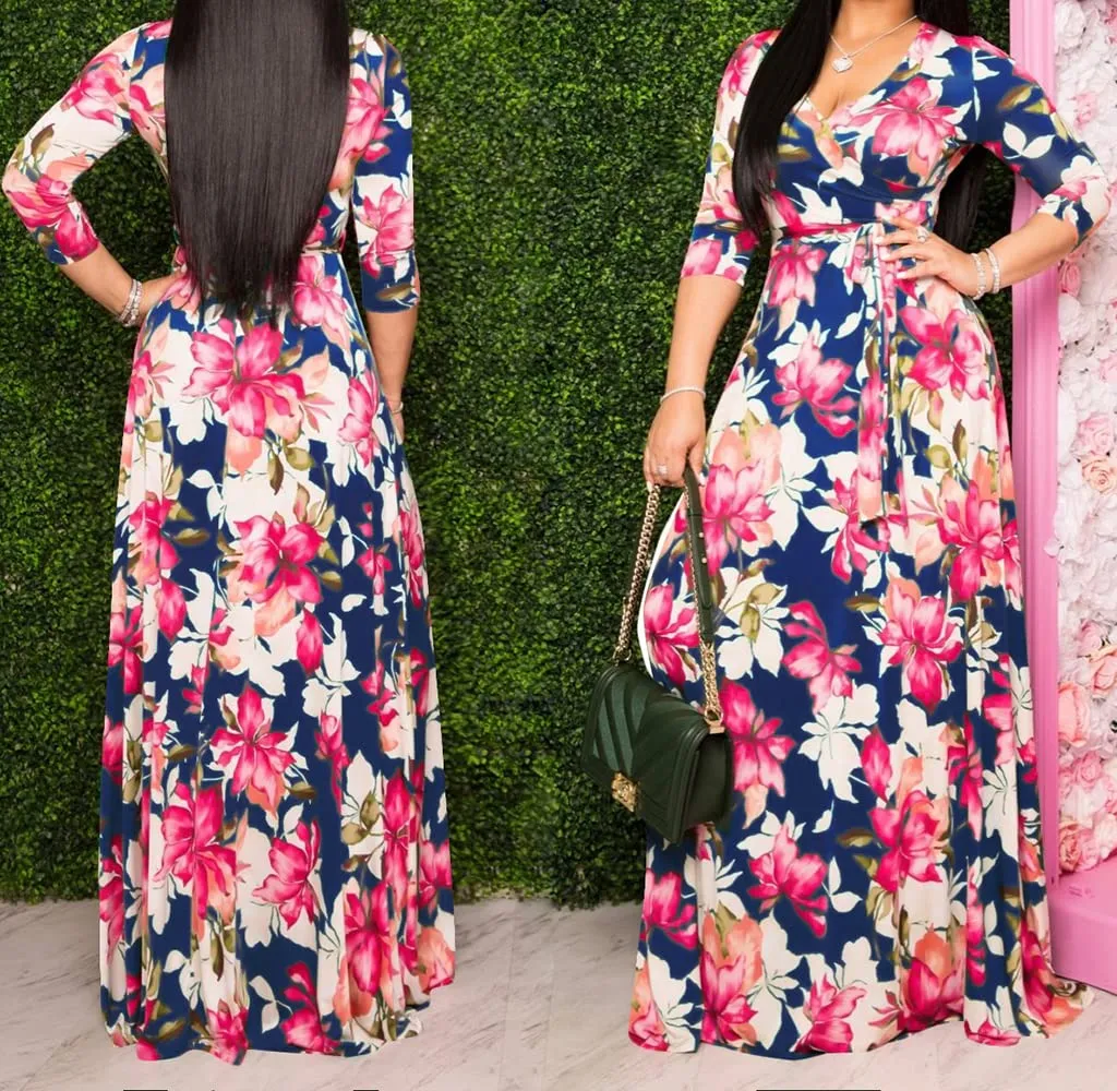 Blue Womens Casual Floral Print Long Maxi Dress Plus Size Plain Party Outfits - JTNFairy