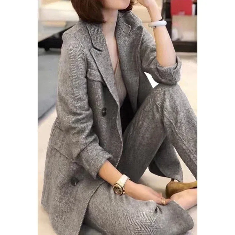 Bonnyshow Women Woolen Blazer and Pantsuits Chic Elegant Korean Fashion Trousers Outfits Autumn New Female Suit Jacket 2 Piece Sets