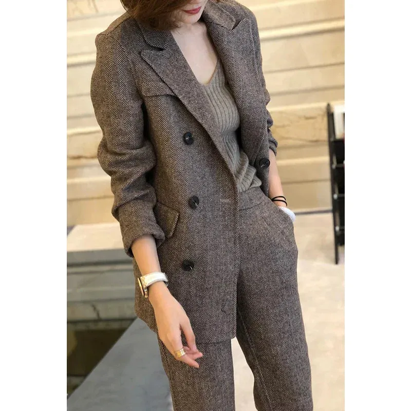 Bonnyshow Women Woolen Blazer and Pantsuits Chic Elegant Korean Fashion Trousers Outfits Autumn New Female Suit Jacket 2 Piece Sets