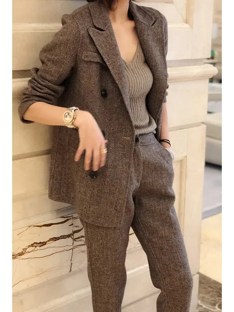 Bonnyshow Women Woolen Blazer and Pantsuits Chic Elegant Korean Fashion Trousers Outfits Autumn New Female Suit Jacket 2 Piece Sets