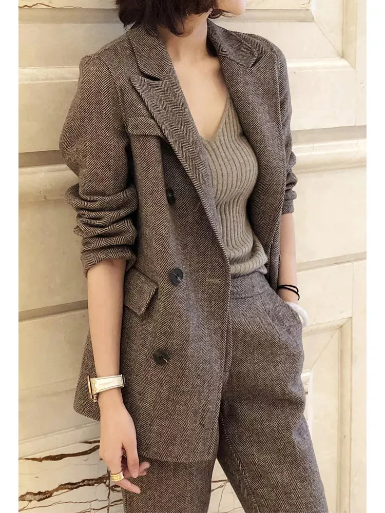 Bonnyshow Women Woolen Blazer and Pantsuits Chic Elegant Korean Fashion Trousers Outfits Autumn New Female Suit Jacket 2 Piece Sets