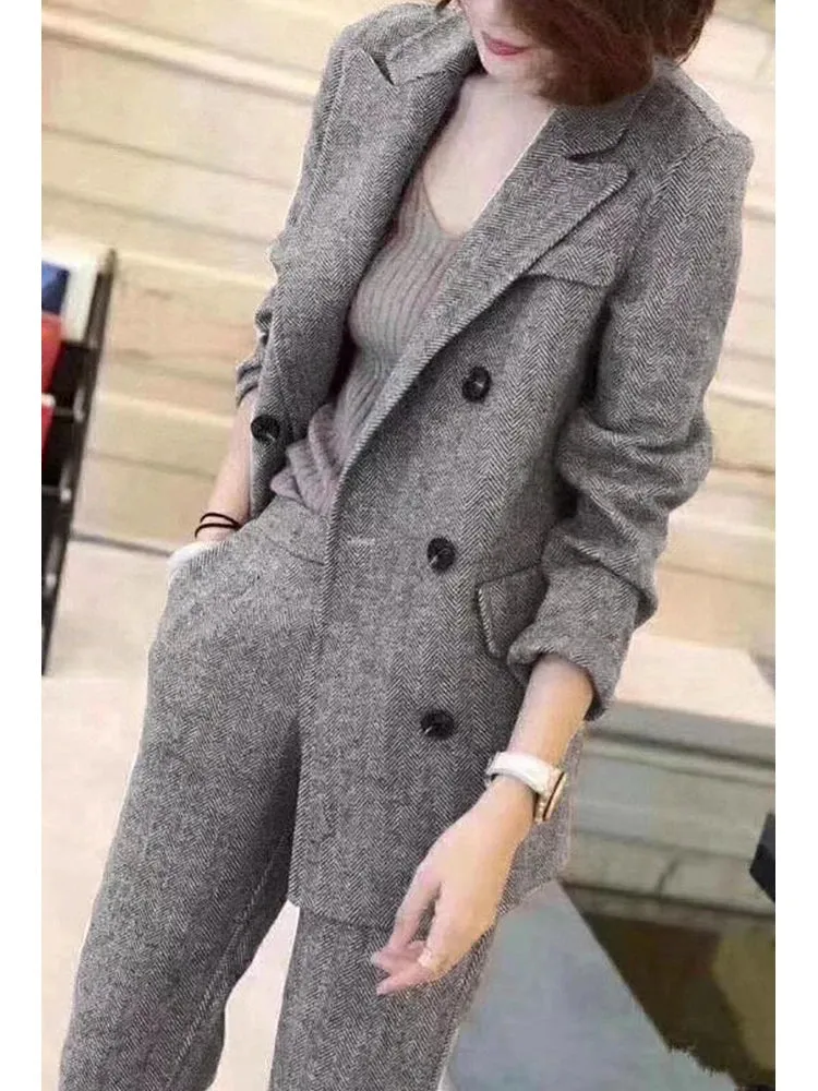 Bonnyshow Women Woolen Blazer and Pantsuits Chic Elegant Korean Fashion Trousers Outfits Autumn New Female Suit Jacket 2 Piece Sets