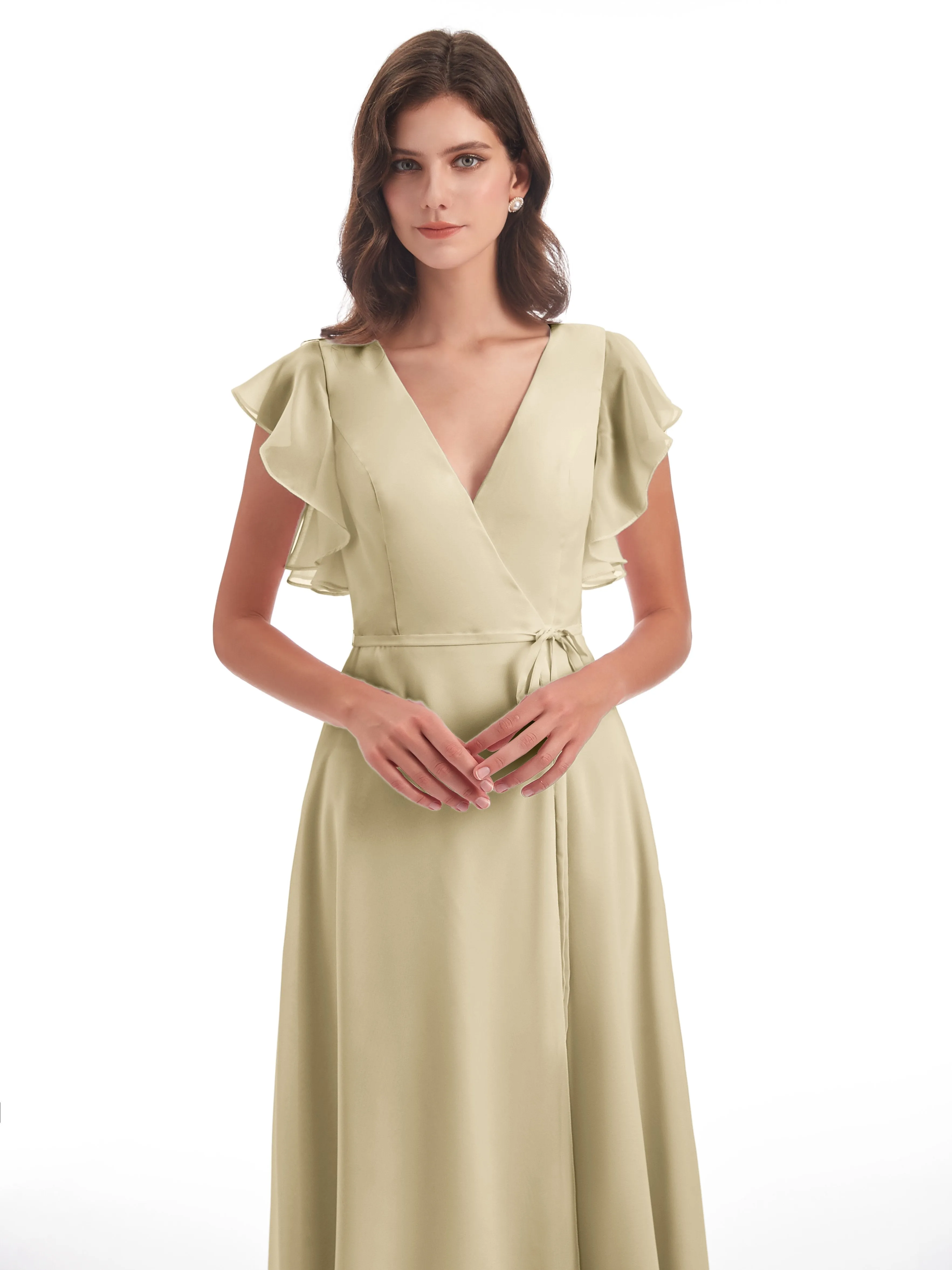 Bridesmaid Dress Champagne Hope Charming V Neck Long Chiffon Bridesmaid Dresses