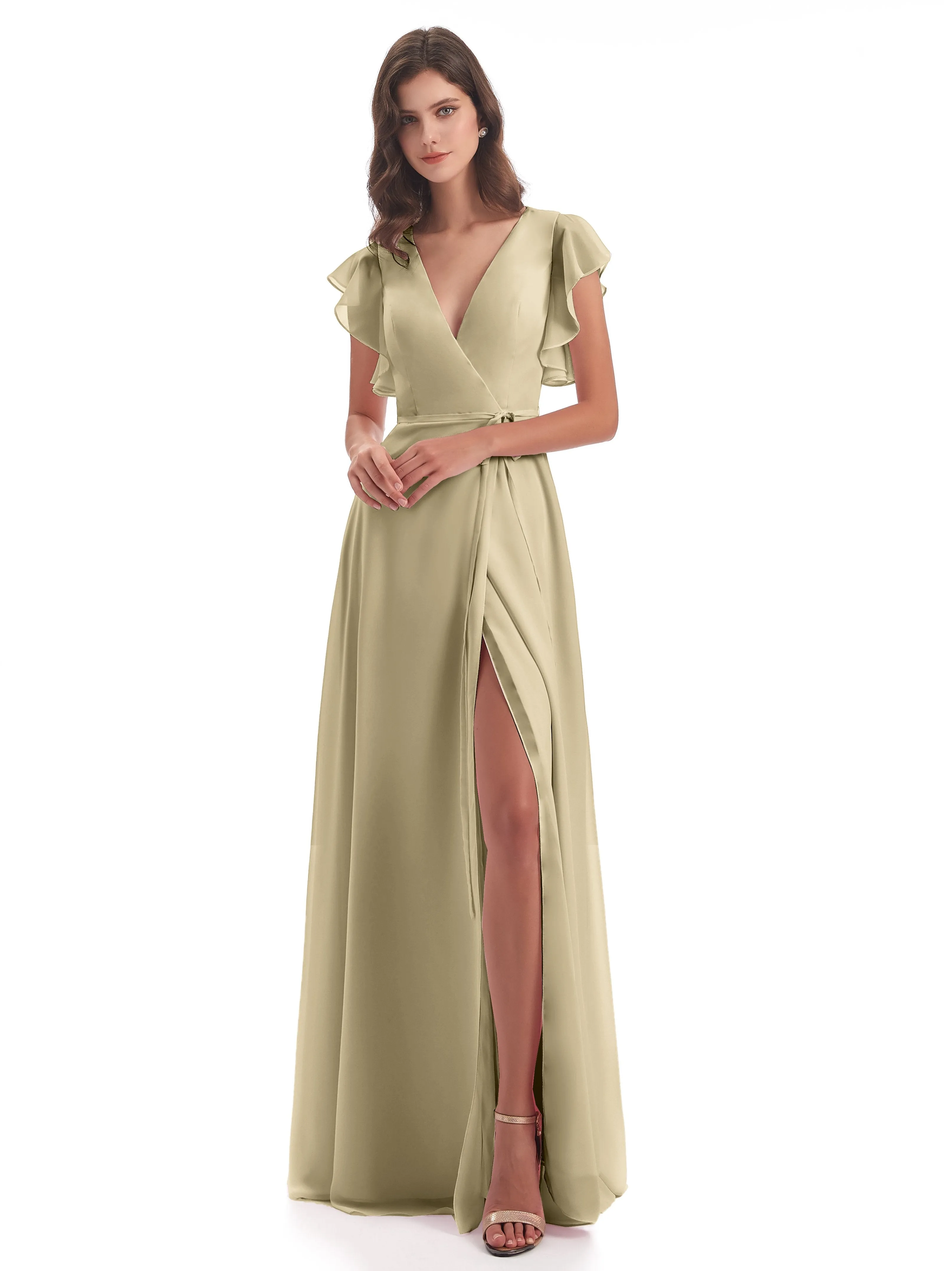 Bridesmaid Dress Champagne Hope Charming V Neck Long Chiffon Bridesmaid Dresses