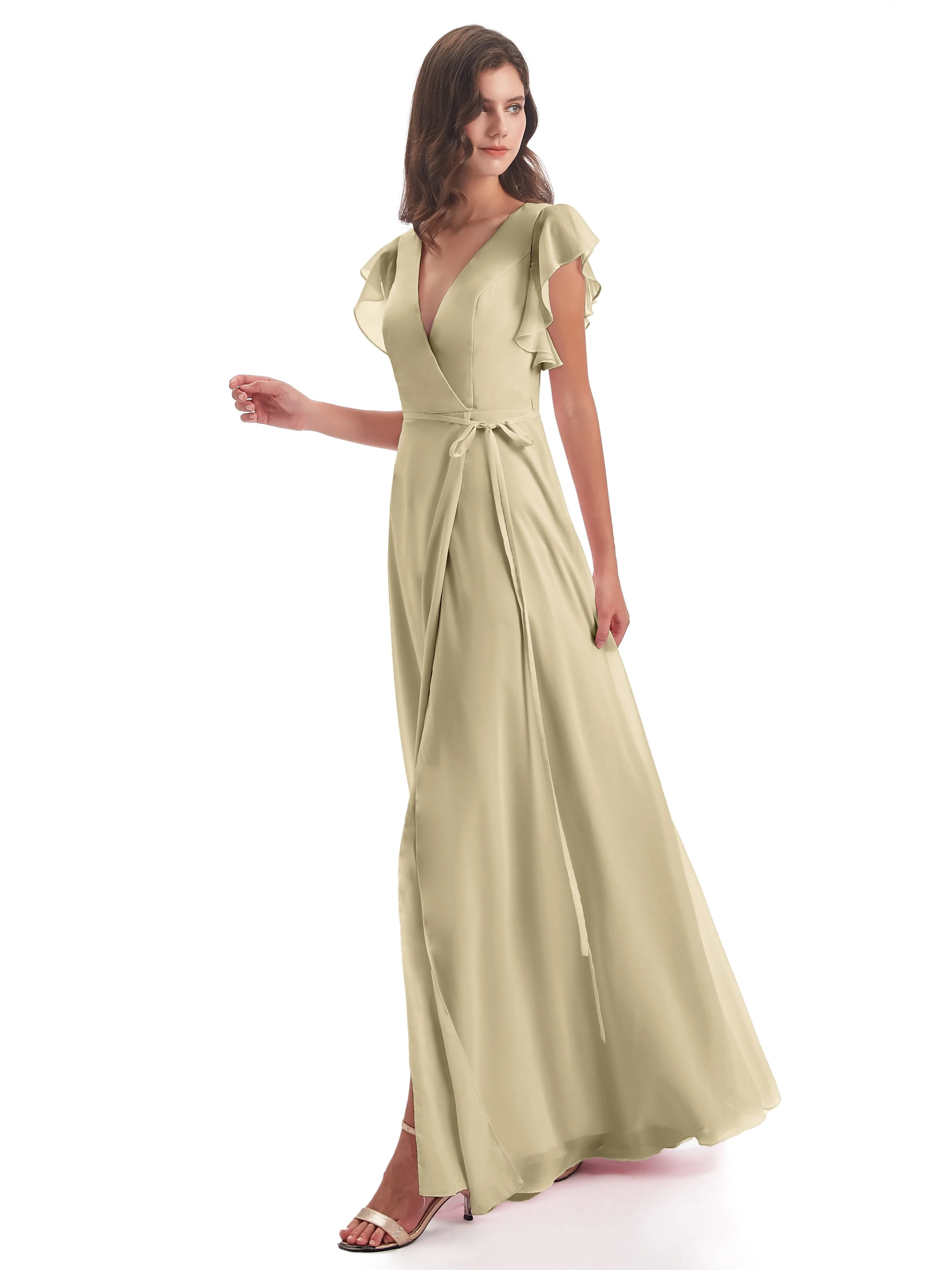 Bridesmaid Dress Champagne Hope Charming V Neck Long Chiffon Bridesmaid Dresses