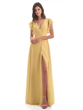 Bridesmaid Dresses Gold Hope Charming V Neck Long Chiffon Bridesmaid Dresses