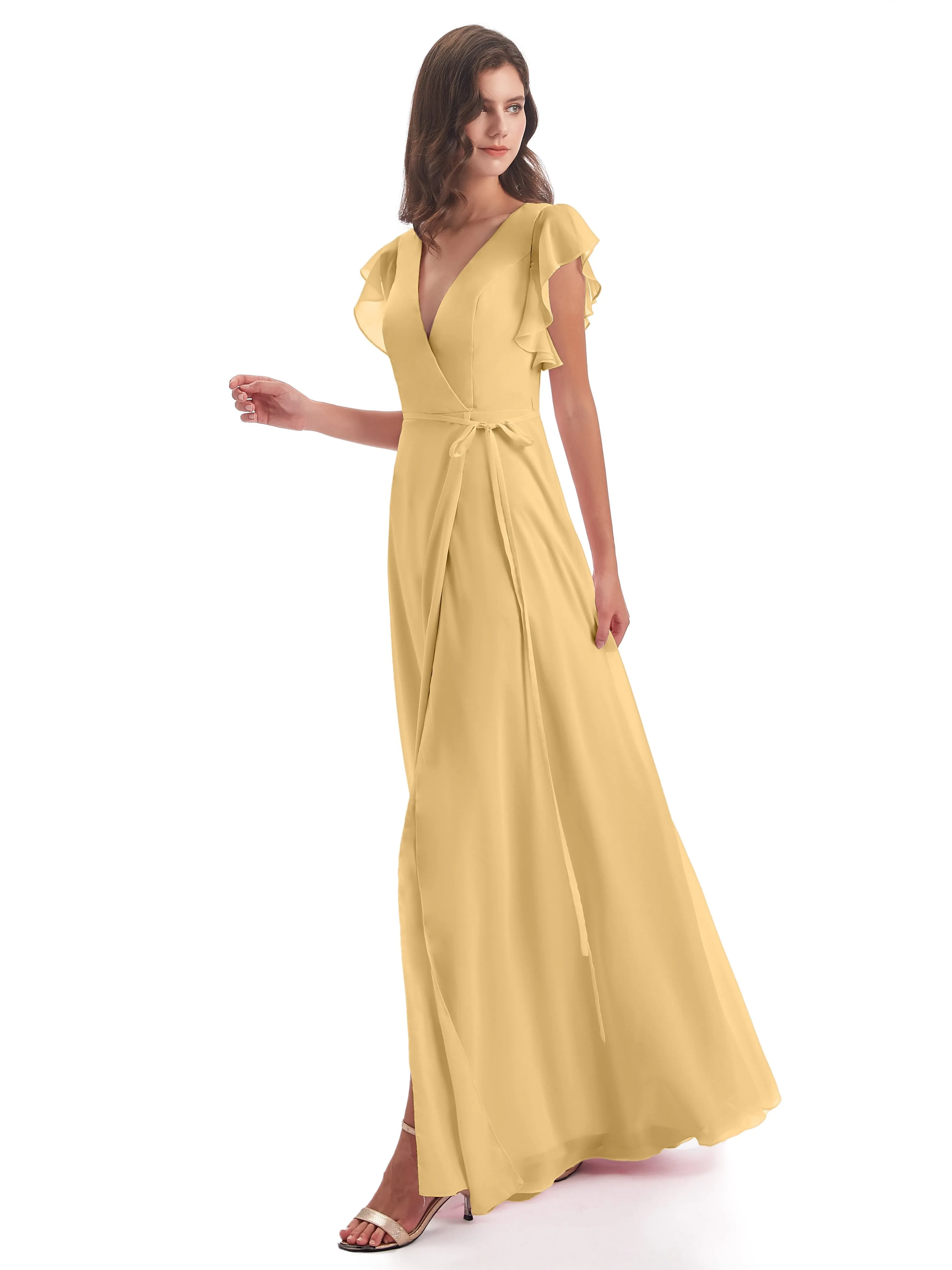 Bridesmaid Dresses Gold Hope Charming V Neck Long Chiffon Bridesmaid Dresses