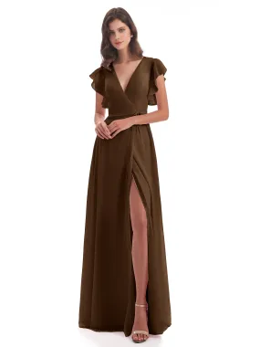 Brown Bridesmaids Dress Hope Charming V Neck Long Chiffon Bridesmaid Dresses