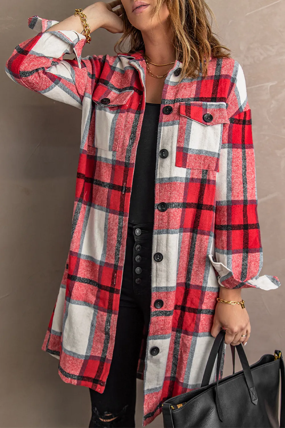 Classic Shirt Collar Button Closure Red Plaid Coat