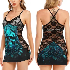 Cyan Gothic Rose Black Lace Sleepwears Babydol Dresses