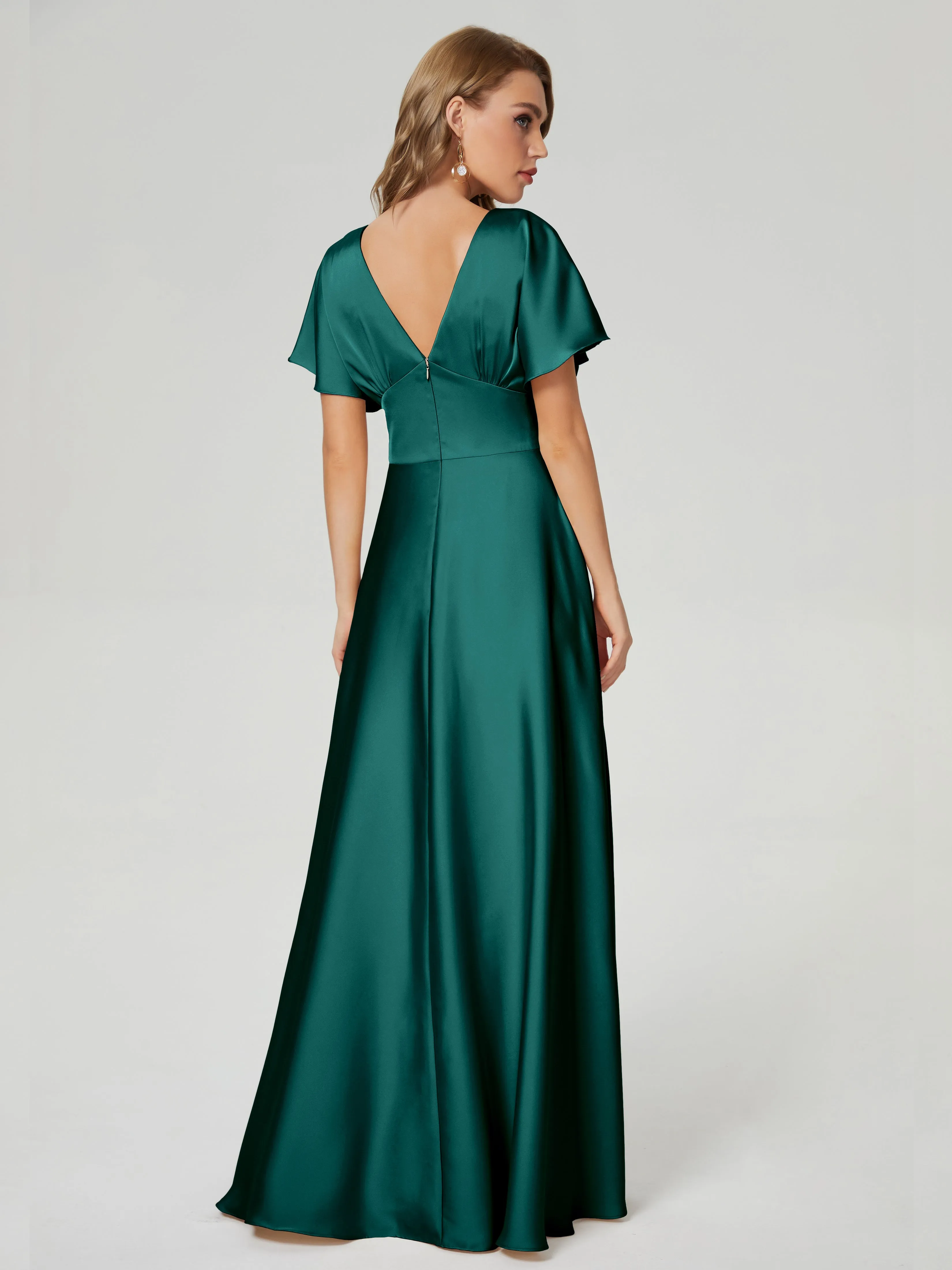 Dark Green Bridesmaid Dresses With Sleeves Ariah Modest V Neck Short Sleeves Soft Satin Bridesmaid Dresses