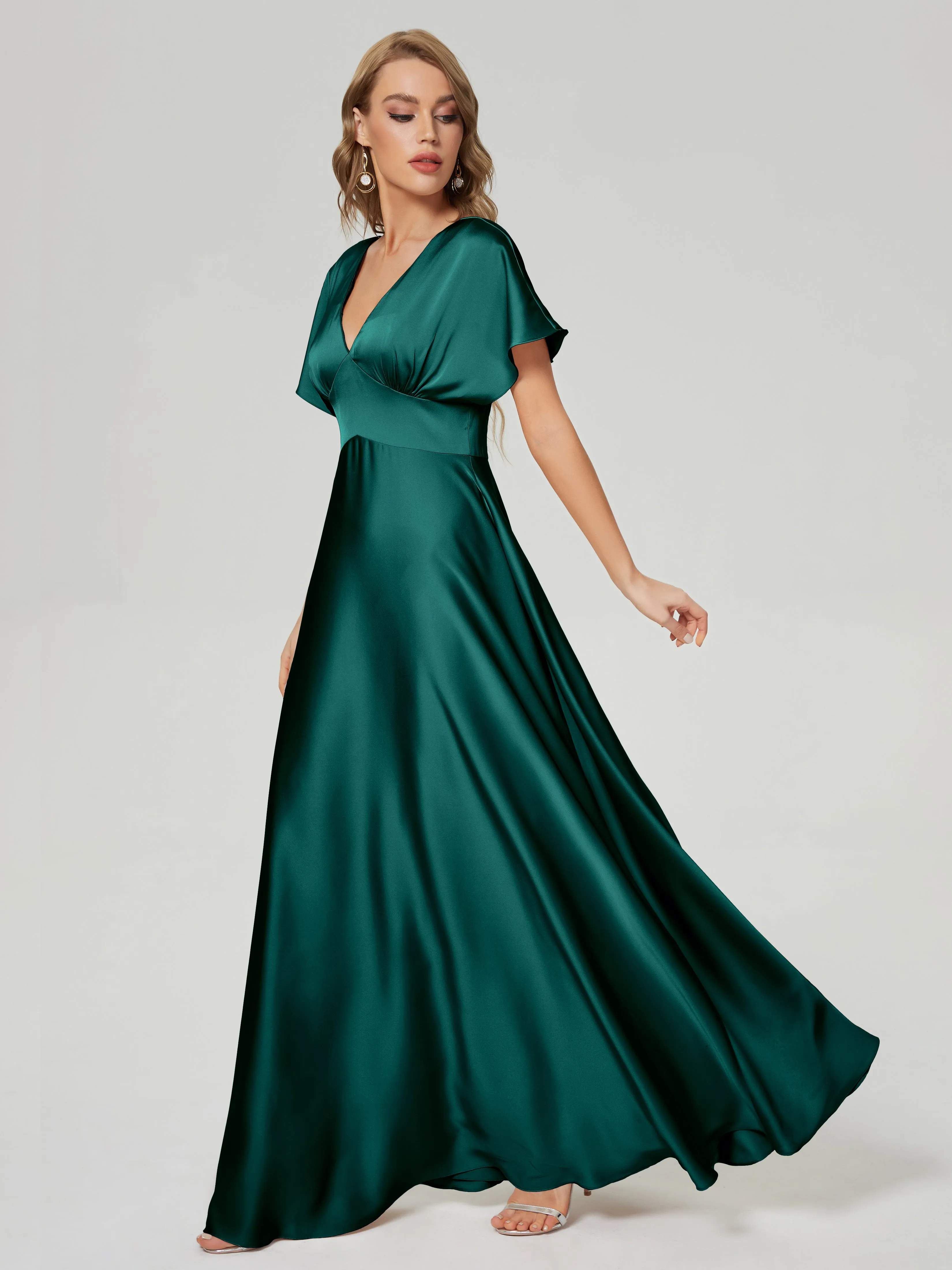 Dark Green Bridesmaid Dresses With Sleeves Ariah Modest V Neck Short Sleeves Soft Satin Bridesmaid Dresses