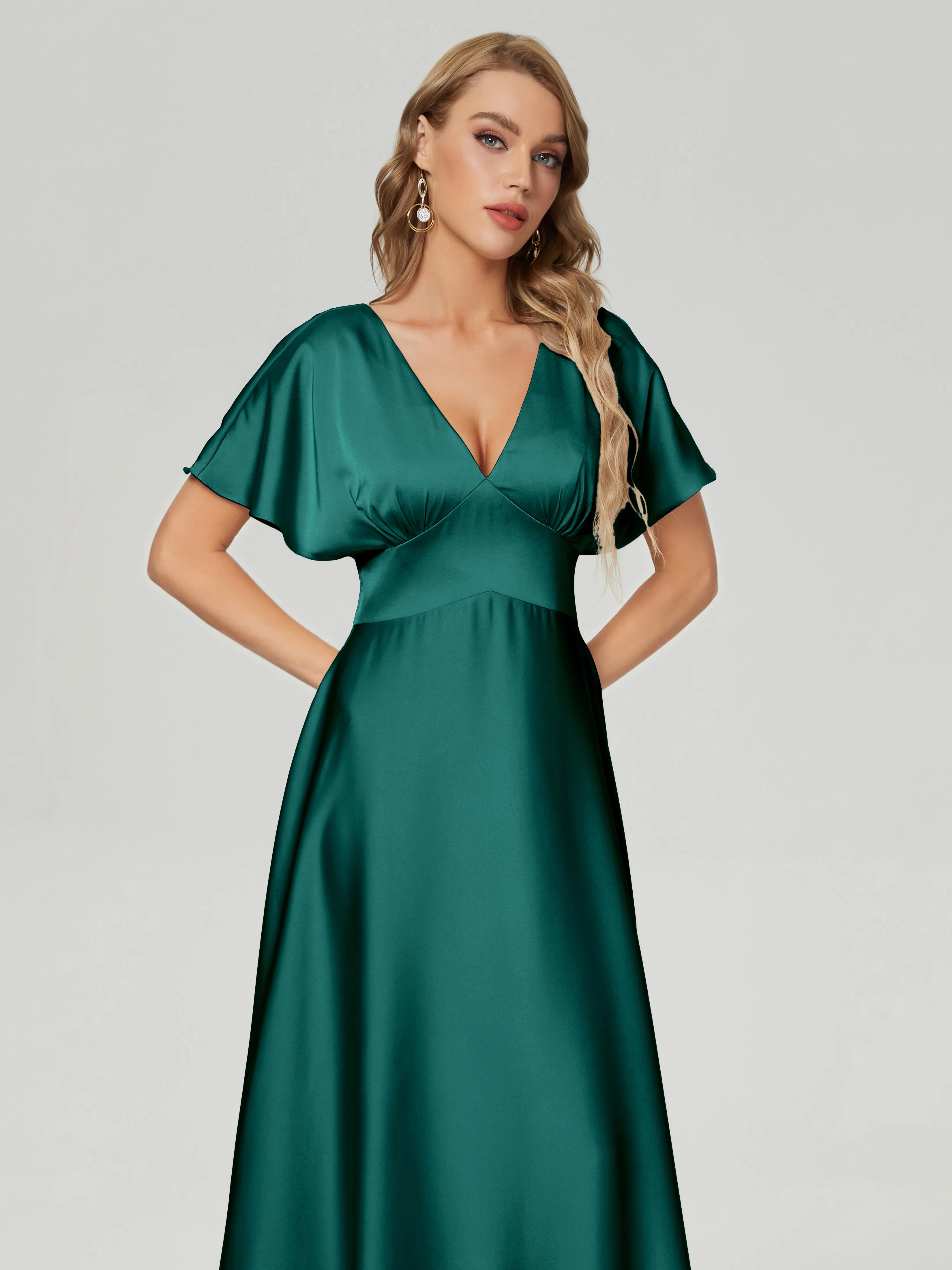 Dark Green Bridesmaid Dresses With Sleeves Ariah Modest V Neck Short Sleeves Soft Satin Bridesmaid Dresses