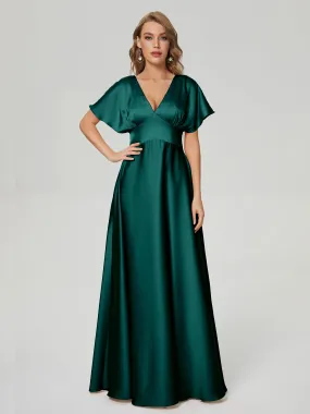 Dark Green Bridesmaid Dresses With Sleeves Ariah Modest V Neck Short Sleeves Soft Satin Bridesmaid Dresses