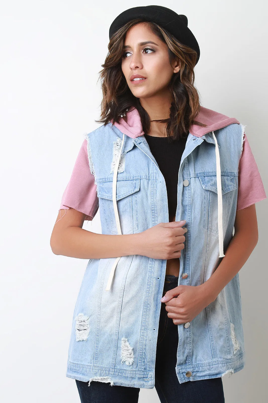 Distressed Denim Terry Knit Contrast Short Sleeve Hoodie Jacket