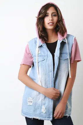 Distressed Denim Terry Knit Contrast Short Sleeve Hoodie Jacket