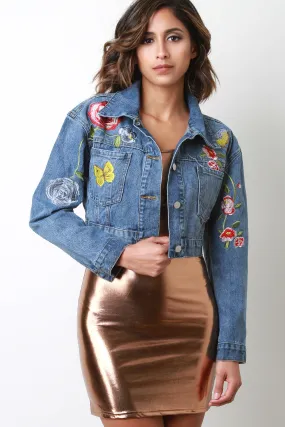 Embroidered Bird Butterfly Denim Jean Jacket