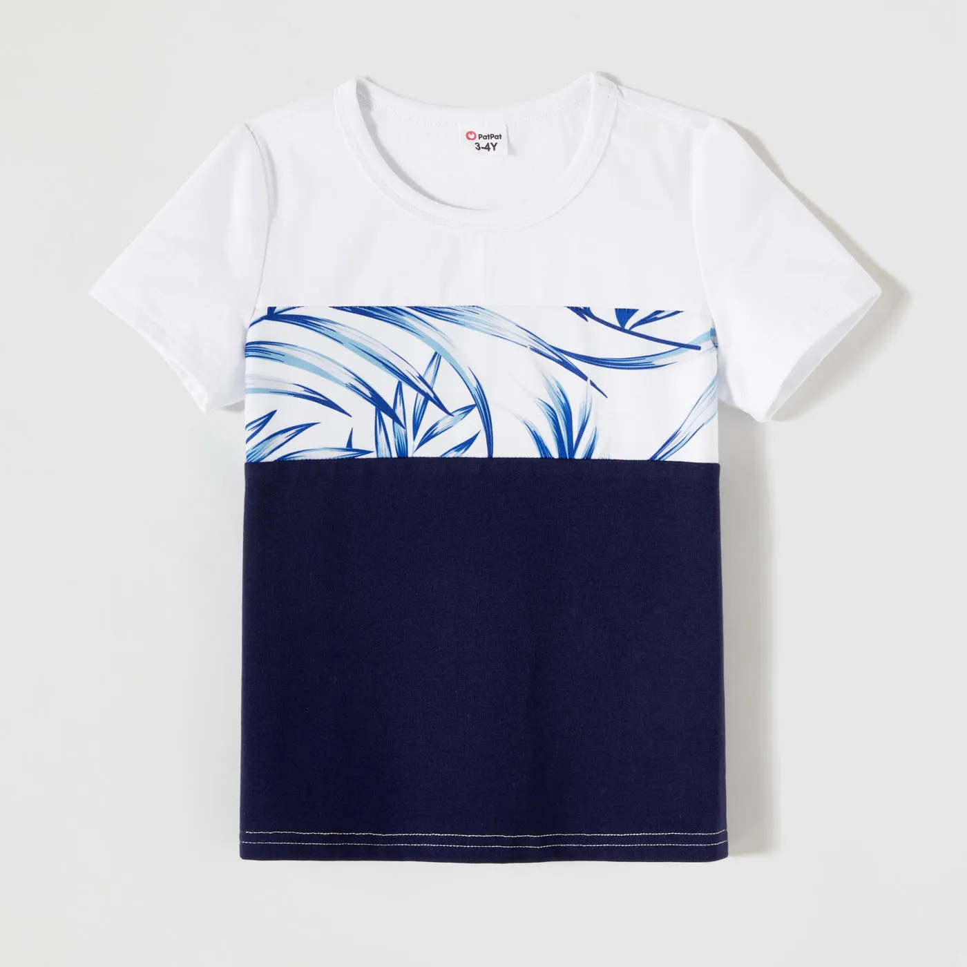 Family Matching Allover Palm Leaf Print & Solid Spliced Surplice Neck Flutter-sleeve Dresses and Colorblock Short-sleeve T-shirts Sets