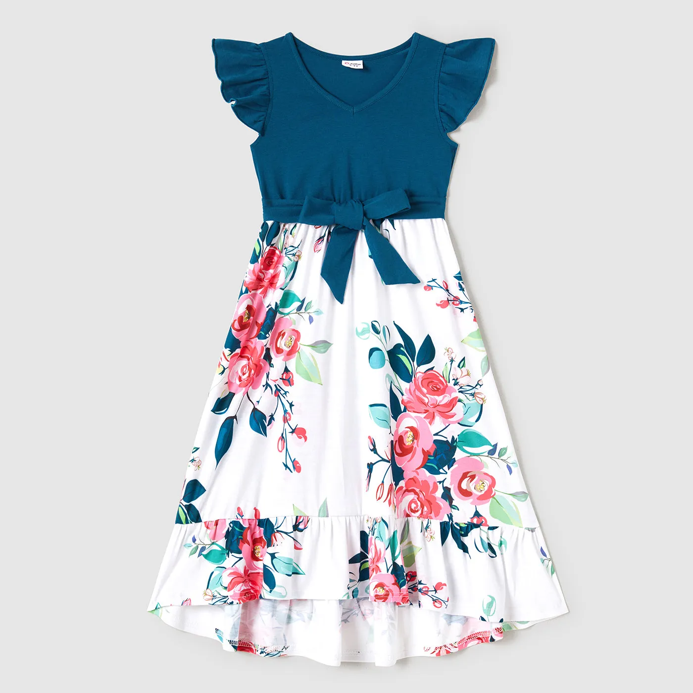 Family Matching Solid V Neck Flutter-sleeve Splicing Floral Print Dresses and Short-sleeve Colorblock T-shirts Sets