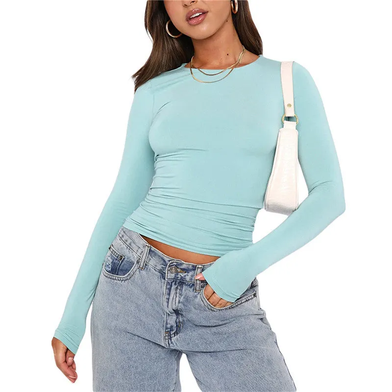 Fashion Slim Long-sleeved Pullovers Tops Solid Causal Fit Shirts