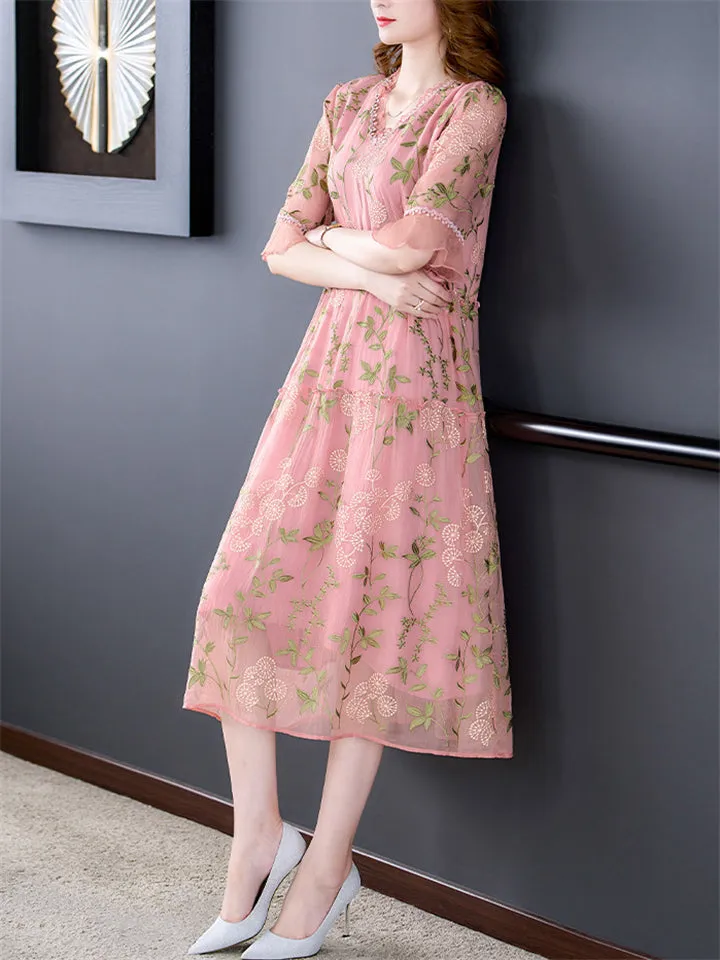 Female Comfortable Dandelion Embroidered Midi Dress