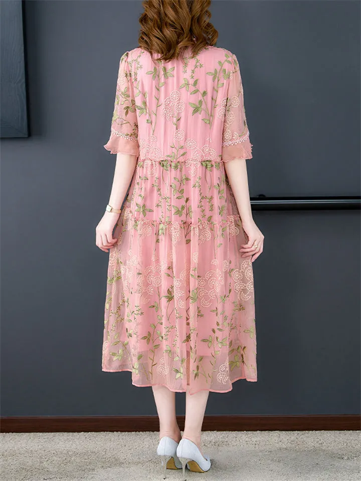 Female Comfortable Dandelion Embroidered Midi Dress