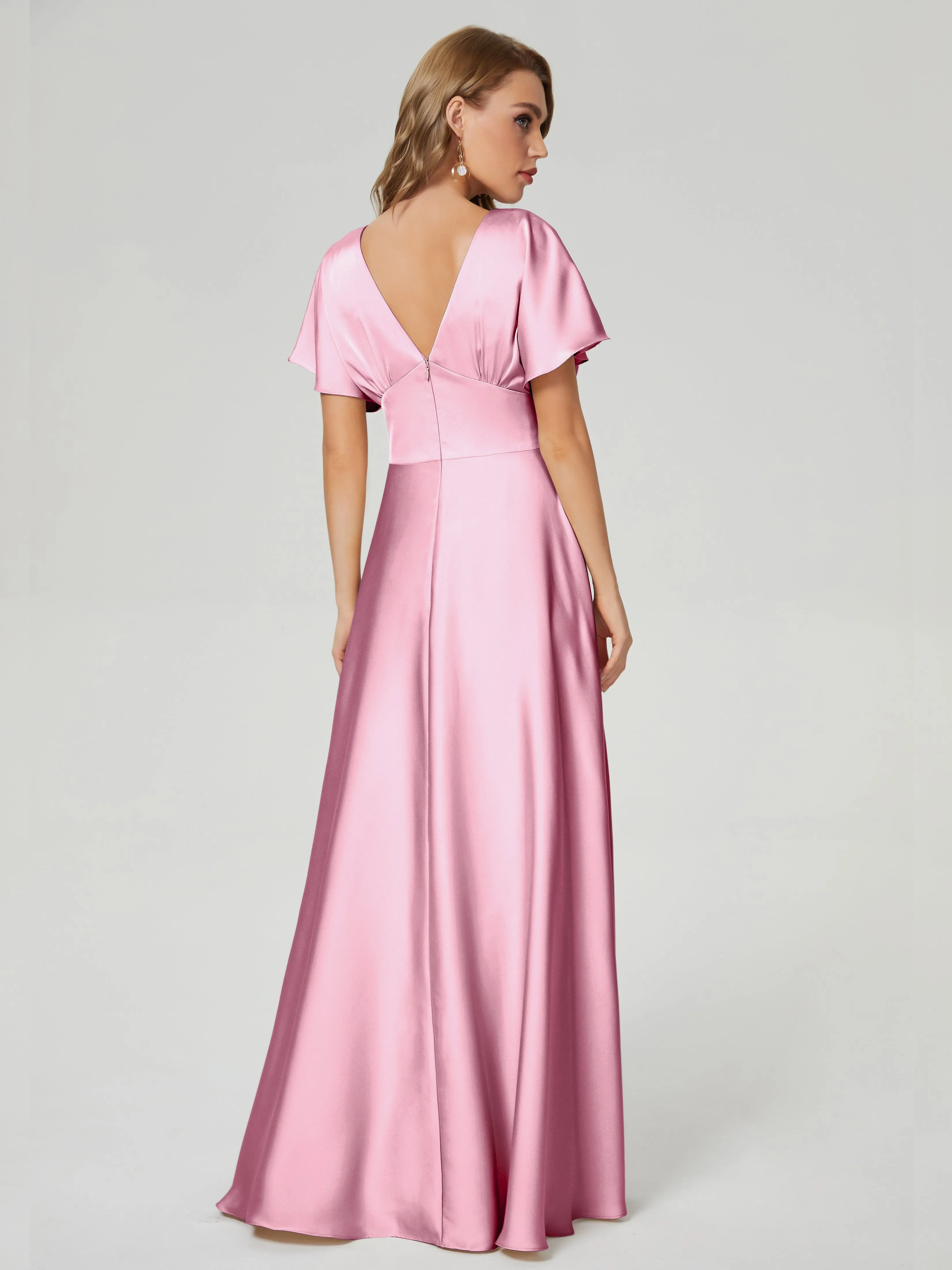 Flamingo Pink Bridesmaid Dresses Ariah Modest V Neck Short Sleeves Soft Satin Dresses