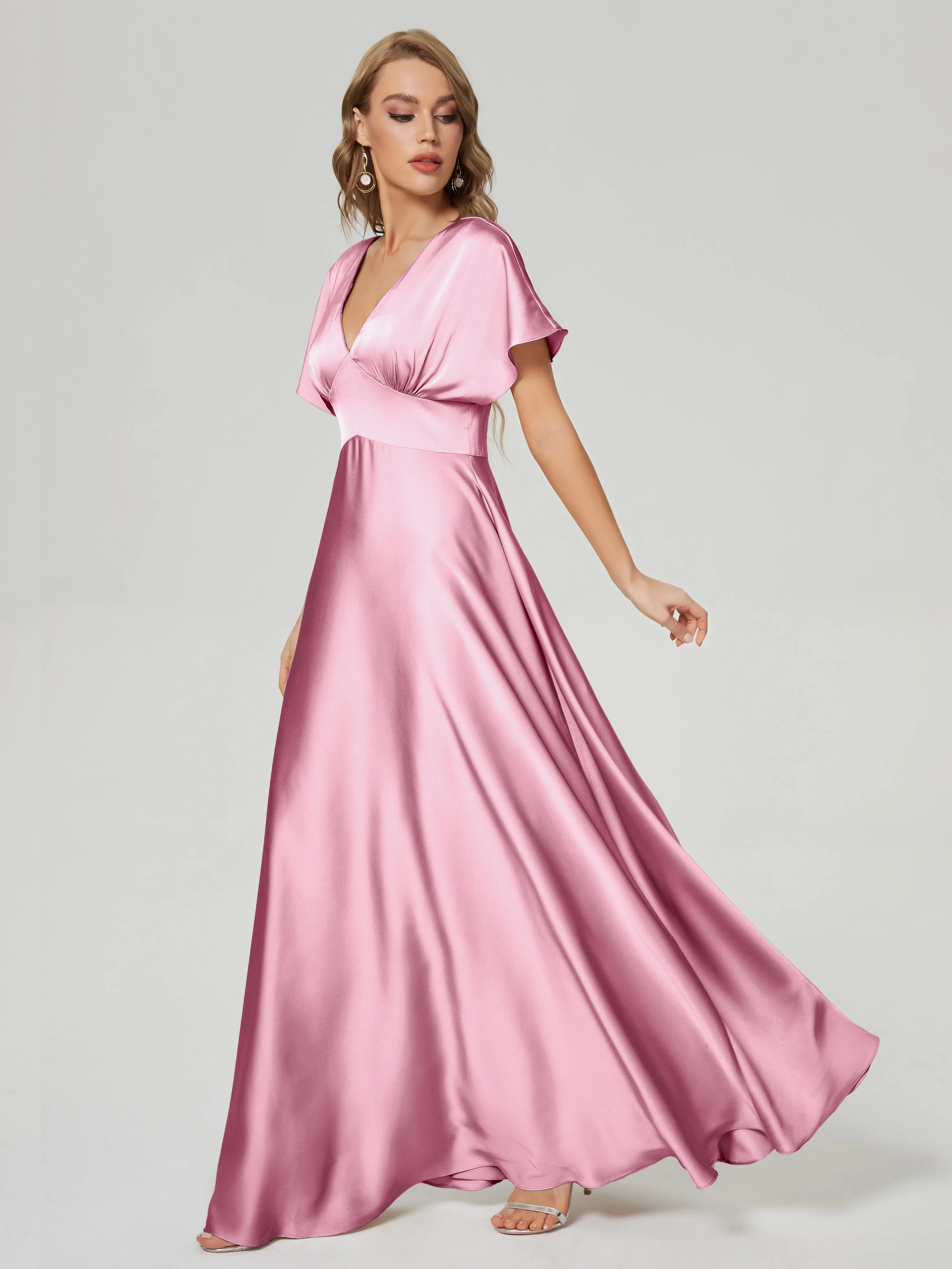 Flamingo Pink Bridesmaid Dresses Ariah Modest V Neck Short Sleeves Soft Satin Dresses