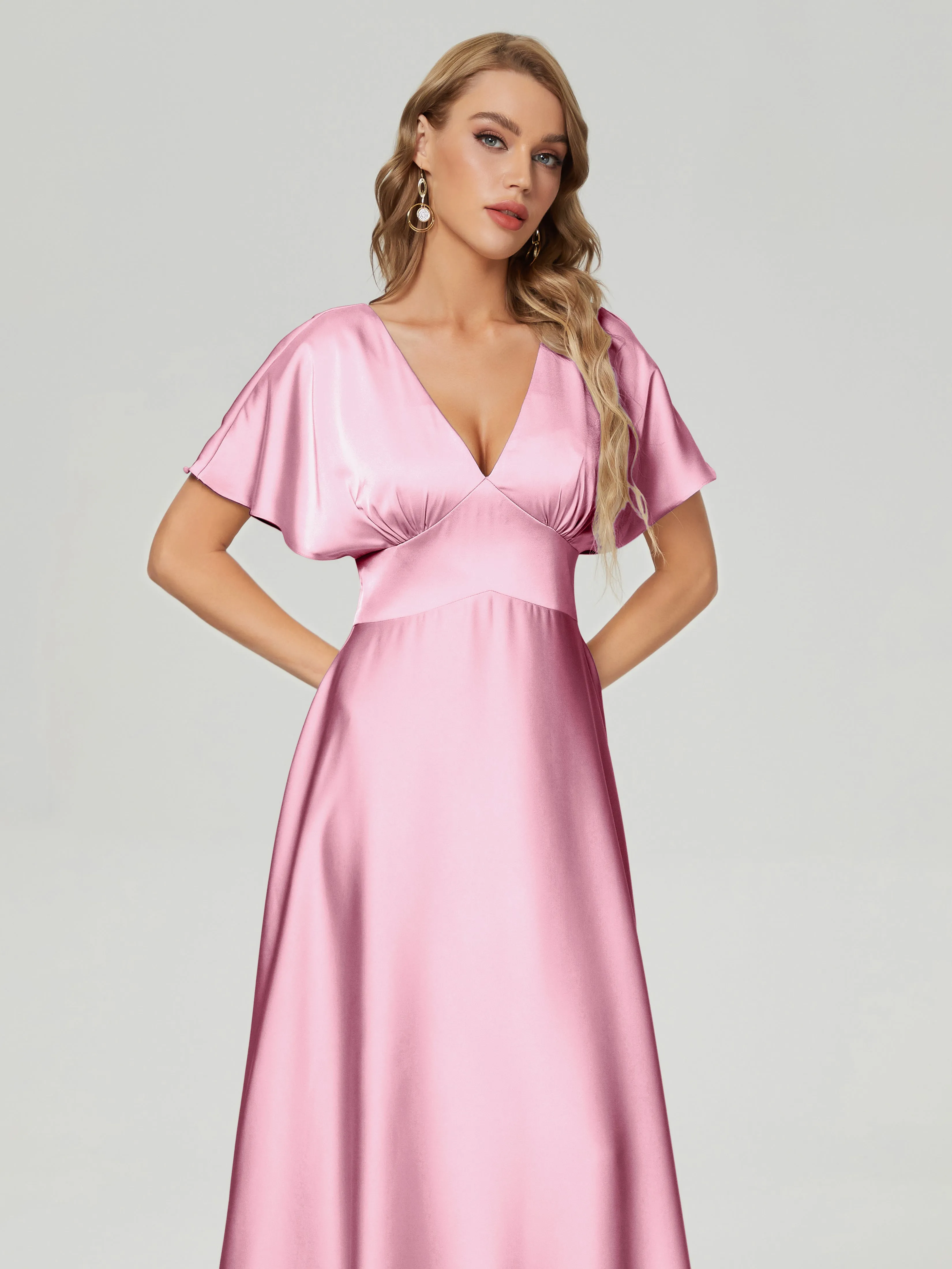 Flamingo Pink Bridesmaid Dresses Ariah Modest V Neck Short Sleeves Soft Satin Dresses