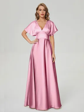 Flamingo Pink Bridesmaid Dresses Ariah Modest V Neck Short Sleeves Soft Satin Dresses