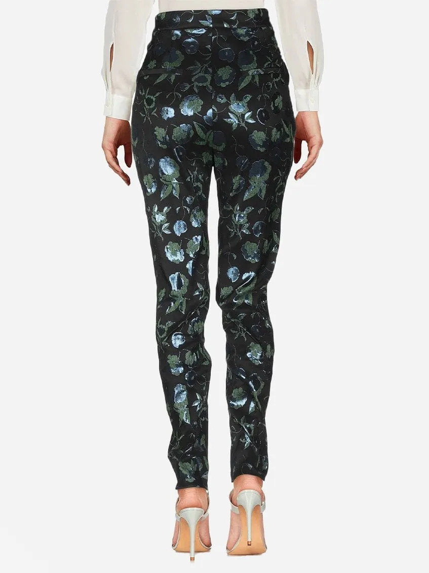 Floral-Print Metallic Trousers