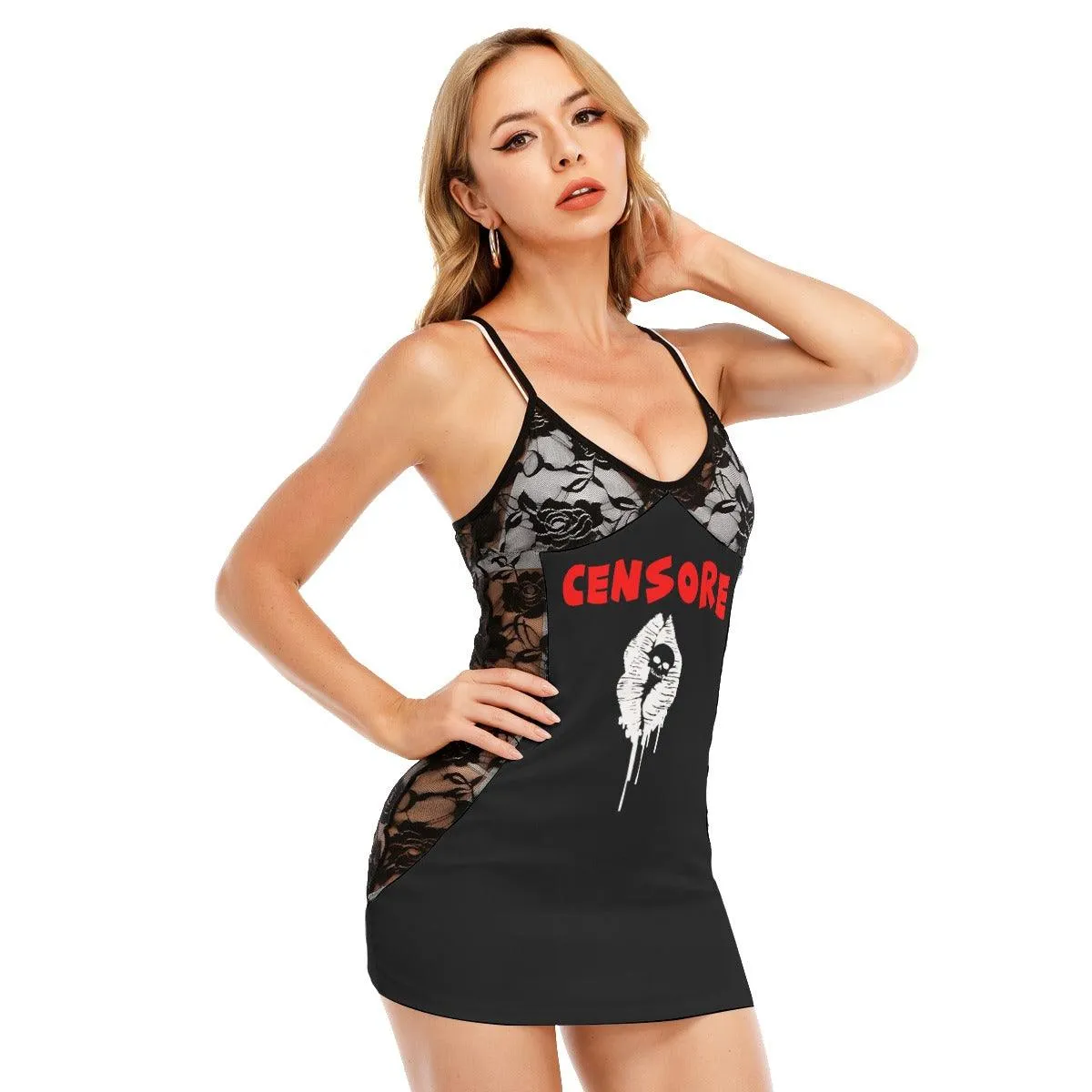 Funny Skull Censore Black Lace Sleepwears Babydol Dresses