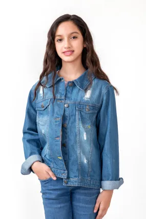 Girls Blue Ripped Denim Jacket