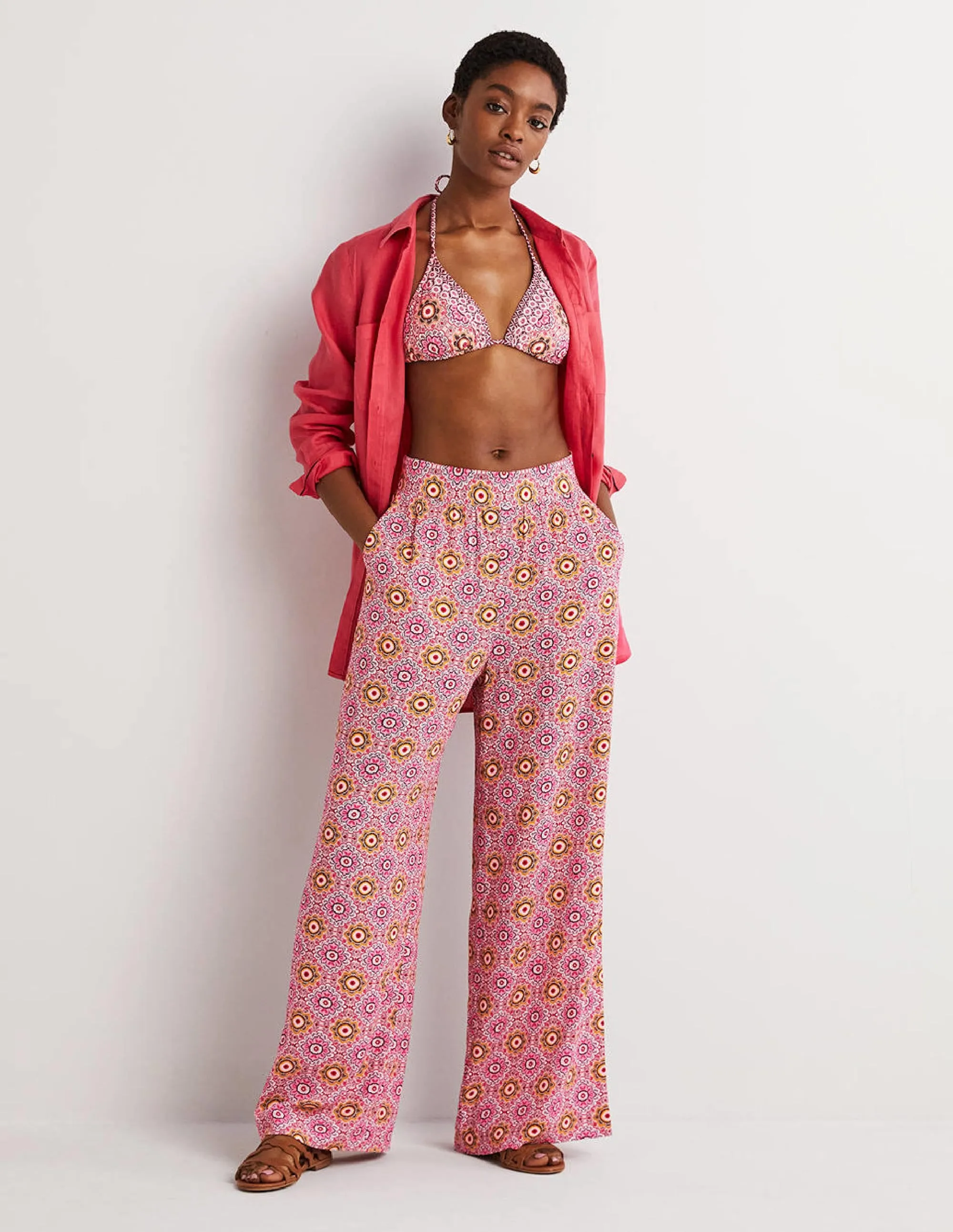 Grace Crinkle Wide Leg Trouser-Milkshake, Paradise Garden