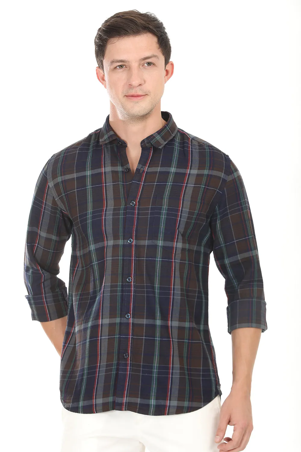 Gridline Checkered Shirt - Navy x Brown