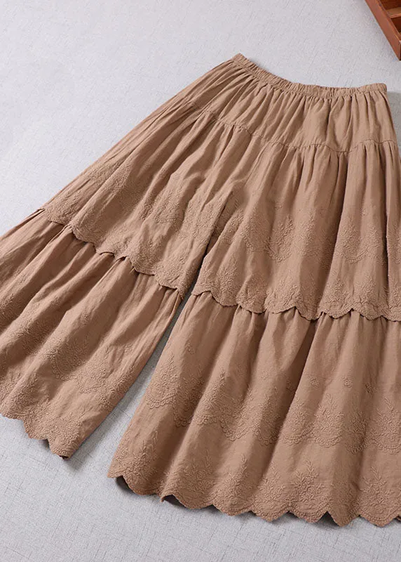 Handmade Light Chocolate Embroideried Patchwork Cotton Pants Spring