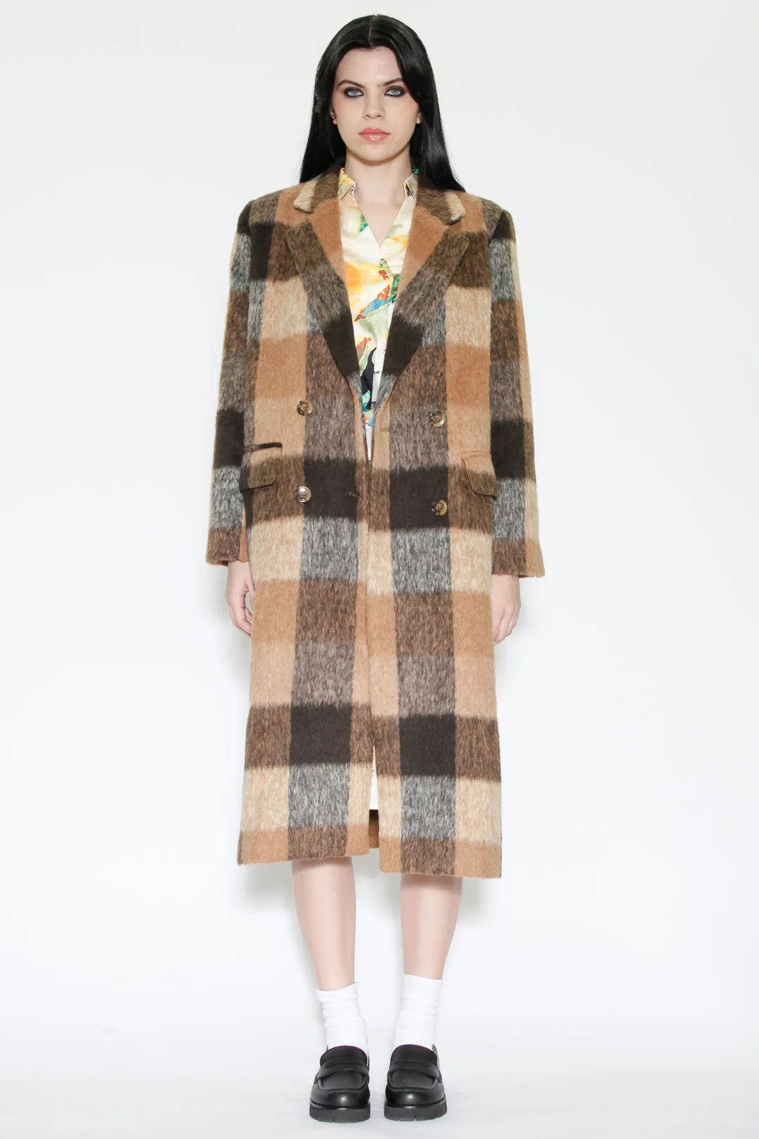 Heavy Wool Camel Brown Plaid Coat