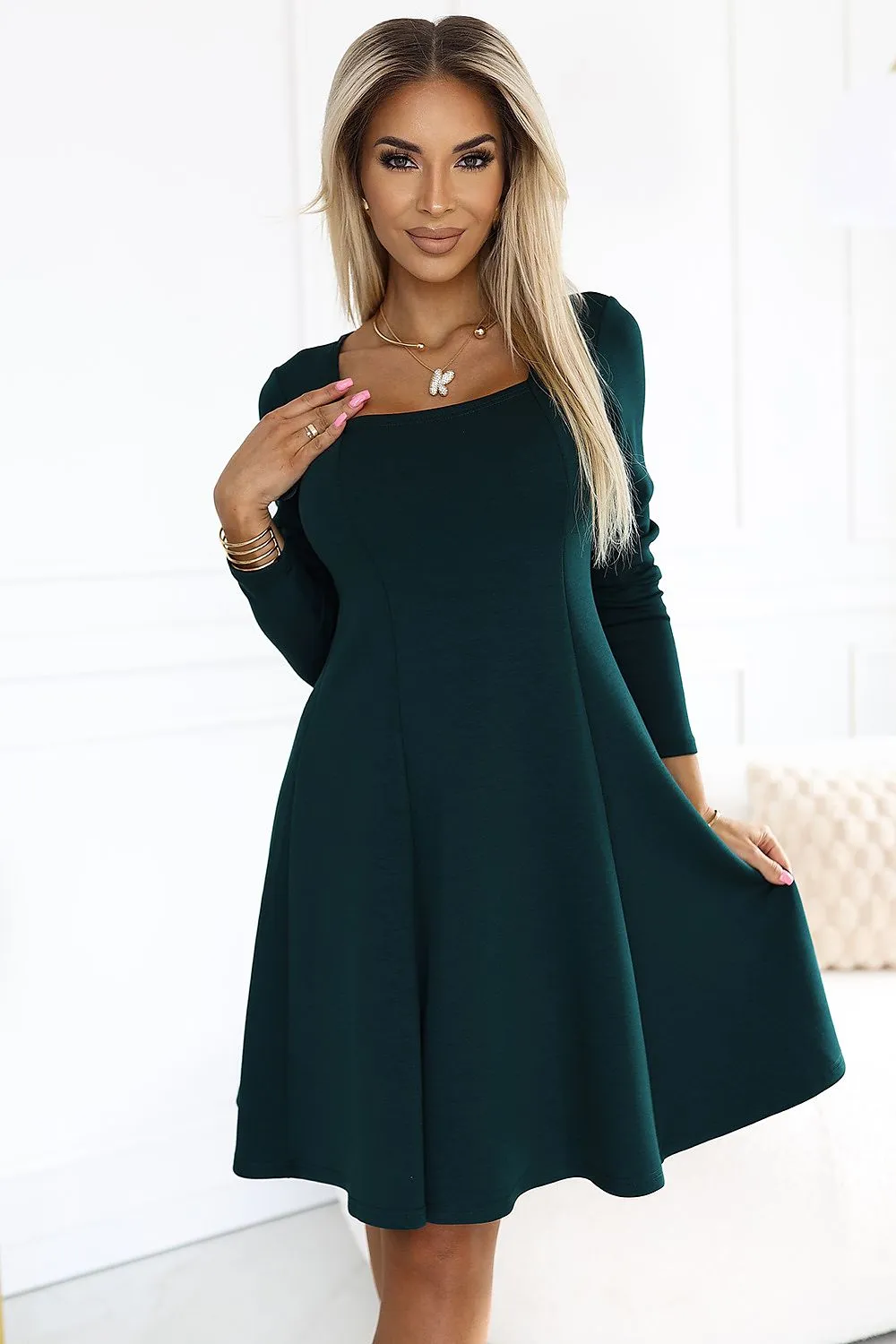 IVANA Women Comfortable Trapeze Dress with neckline & Long sleeves - Green