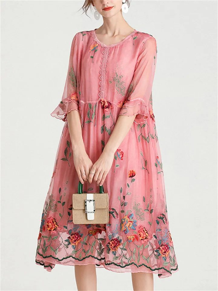 Ladies Floral Embroidered Comfortable Mid-Length Dress