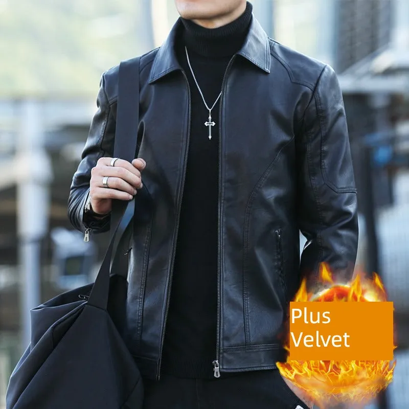 Lapel Korean Style Trendy Slim-Fit Handsome Menswear Leather Jacket