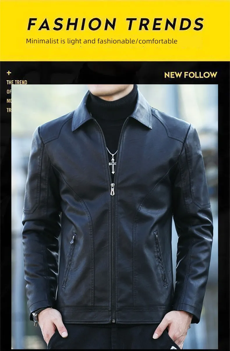 Lapel Korean Style Trendy Slim-Fit Handsome Menswear Leather Jacket