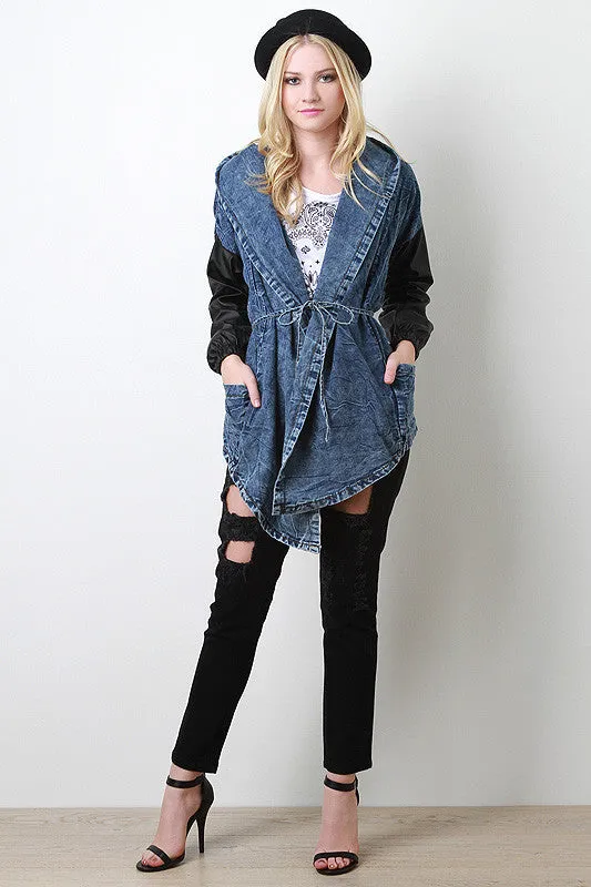 Leatherette Sleeve Denim Jacket