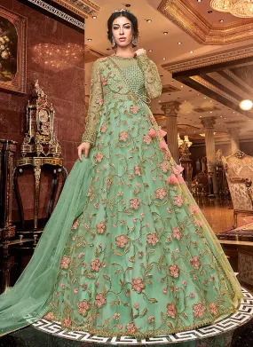 Light Green Floral Embroidered Designer Anarkali Suit