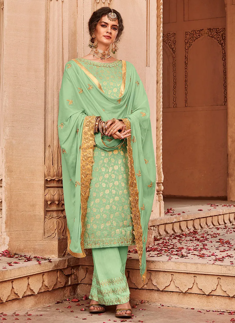 Light Green Golden Embroidered Palazzo Pant Suit