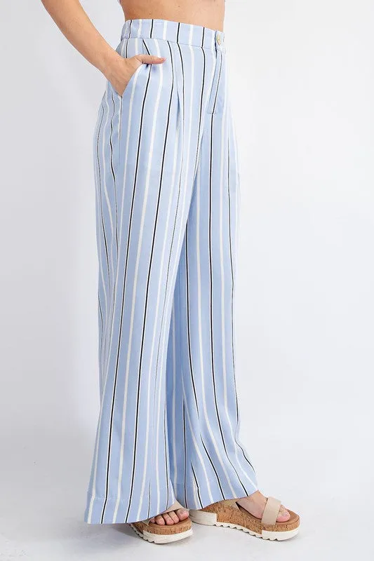 Lt Blue Striped Hi Waist Wide Leg Long Pants