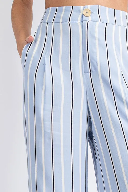 Lt Blue Striped Hi Waist Wide Leg Long Pants