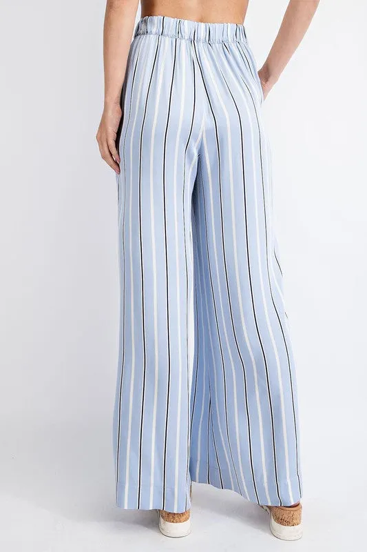 Lt Blue Striped Hi Waist Wide Leg Long Pants