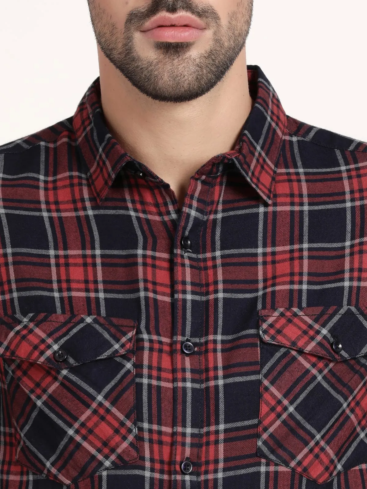 Men Red and Black Checked Semi Formal Shirt (GBRJ6016)