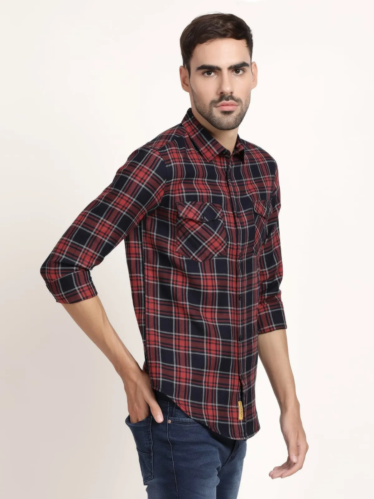 Men Red and Black Checked Semi Formal Shirt (GBRJ6016)